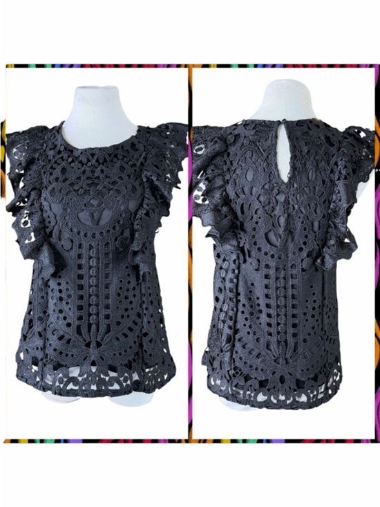 Express Tops - Express Black Baroque Lace Crochet Ruffle Sleeve Blouse - Size Medium